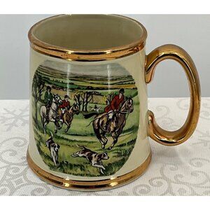 Vintage Gibsons Staffordshire England Ceramic Hunting Scene Mug‎ Gold Trim